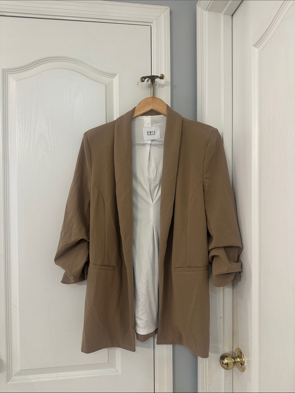 Lined Open Blazer with Ruched Sleeves Neutral Tan Women's Blazer Jacket